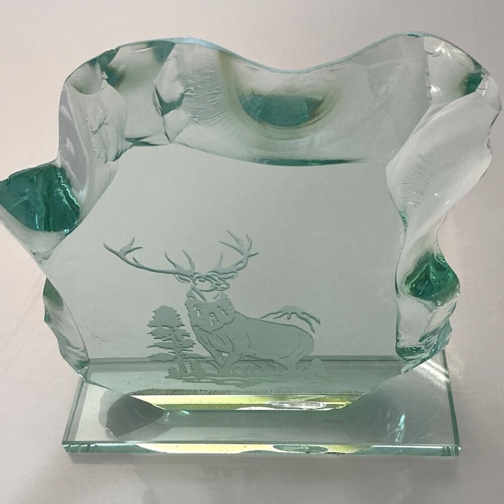 VINTAGE 1960S SWEDISH STYLE ART GLASS ICE BLOCK SCULPTURE – ETCHED STAG / DEER - Picture 2 of 14